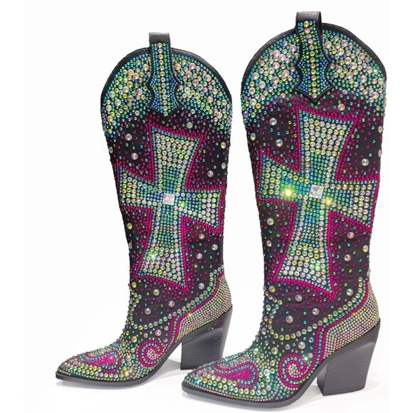 Shoes - Women's Multi Blue Fashion Rhinestone Cross Western Knee-High Cowboy Boots